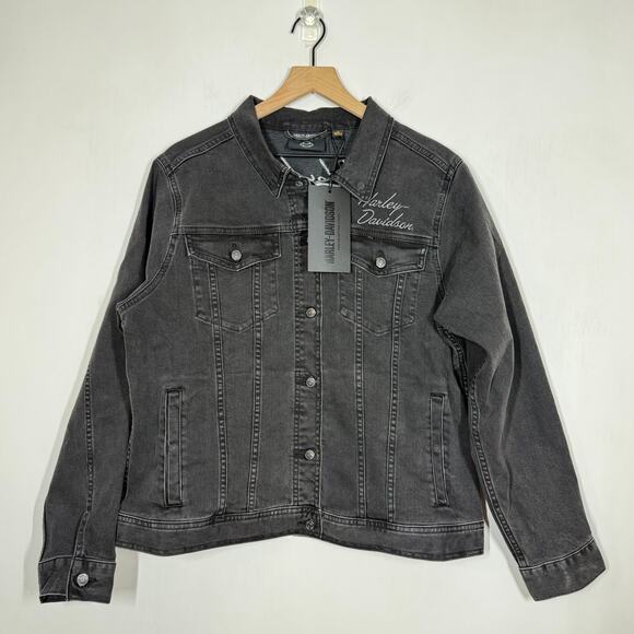 NEW Harley Davidson Jacket Size Small Black Denim Silver Wing Stretch Motorcycle - Picture 1 of 9